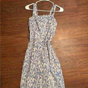Blue and White Sleeveless Square Neck Midi Sundress